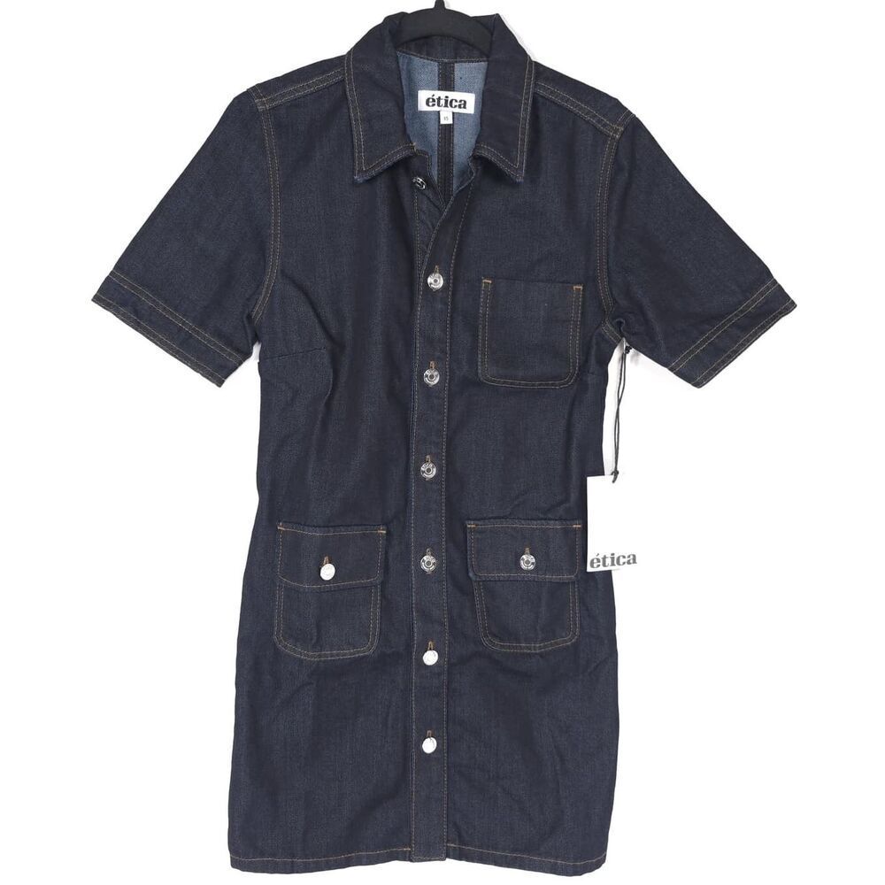 ETICA Women's New Mini Dress XS Denim Button Front Pockets School Girl EW247805